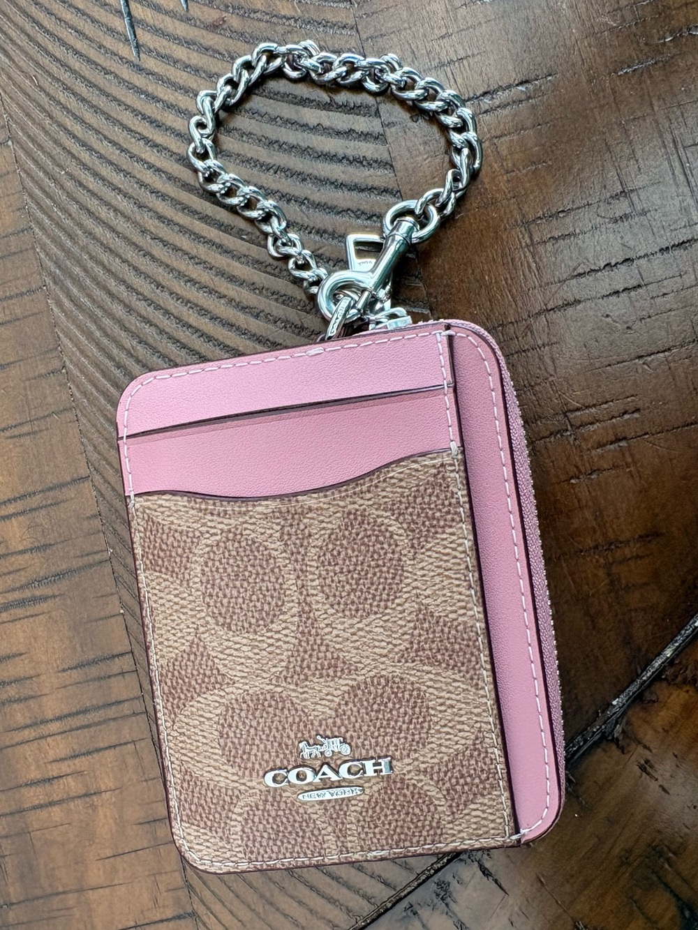 Coach Brown Signature Card Case with Pink Trim and Silver Chain - Picture 10 of 10